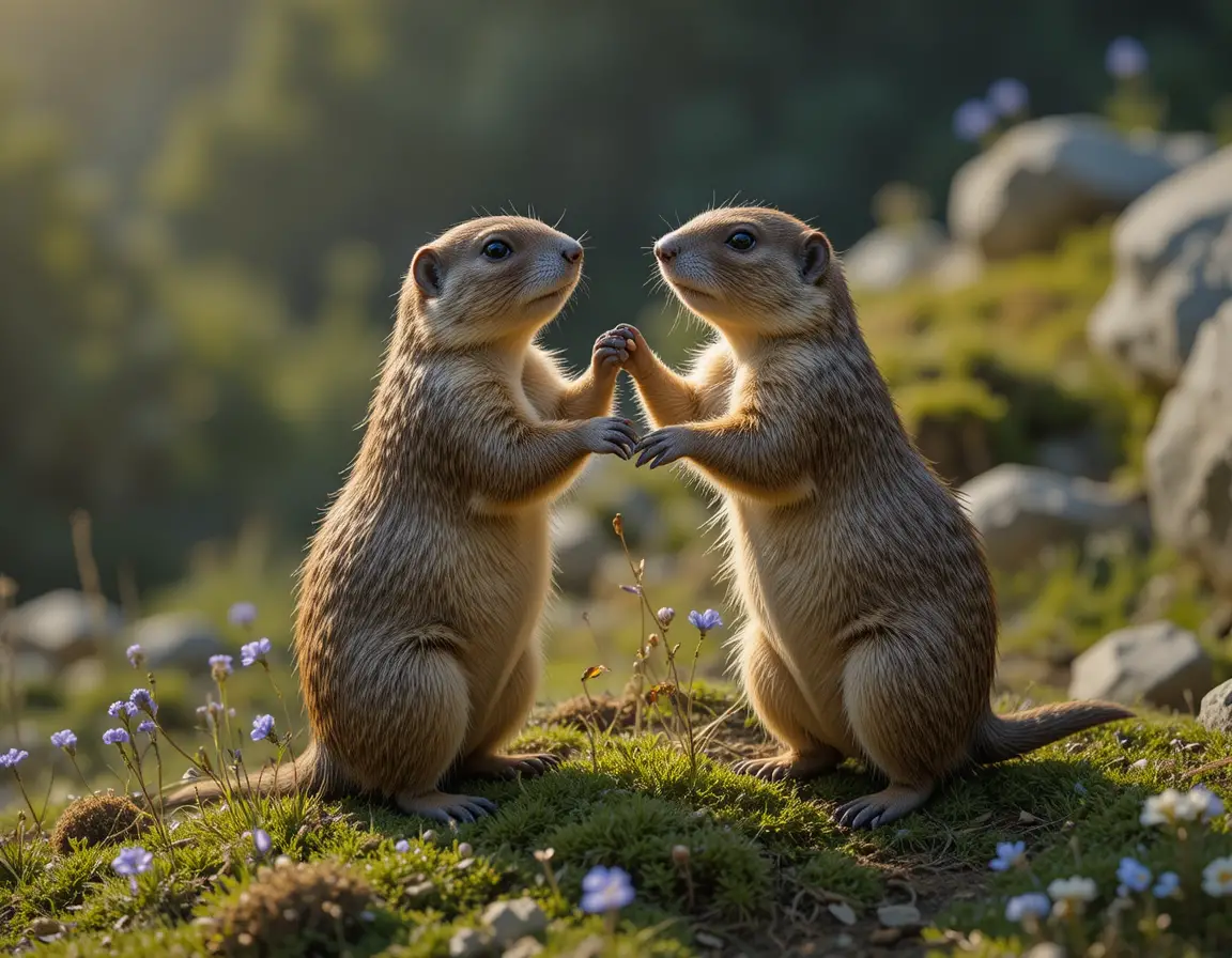Two marmots playfully facing each other on a sunny hillside