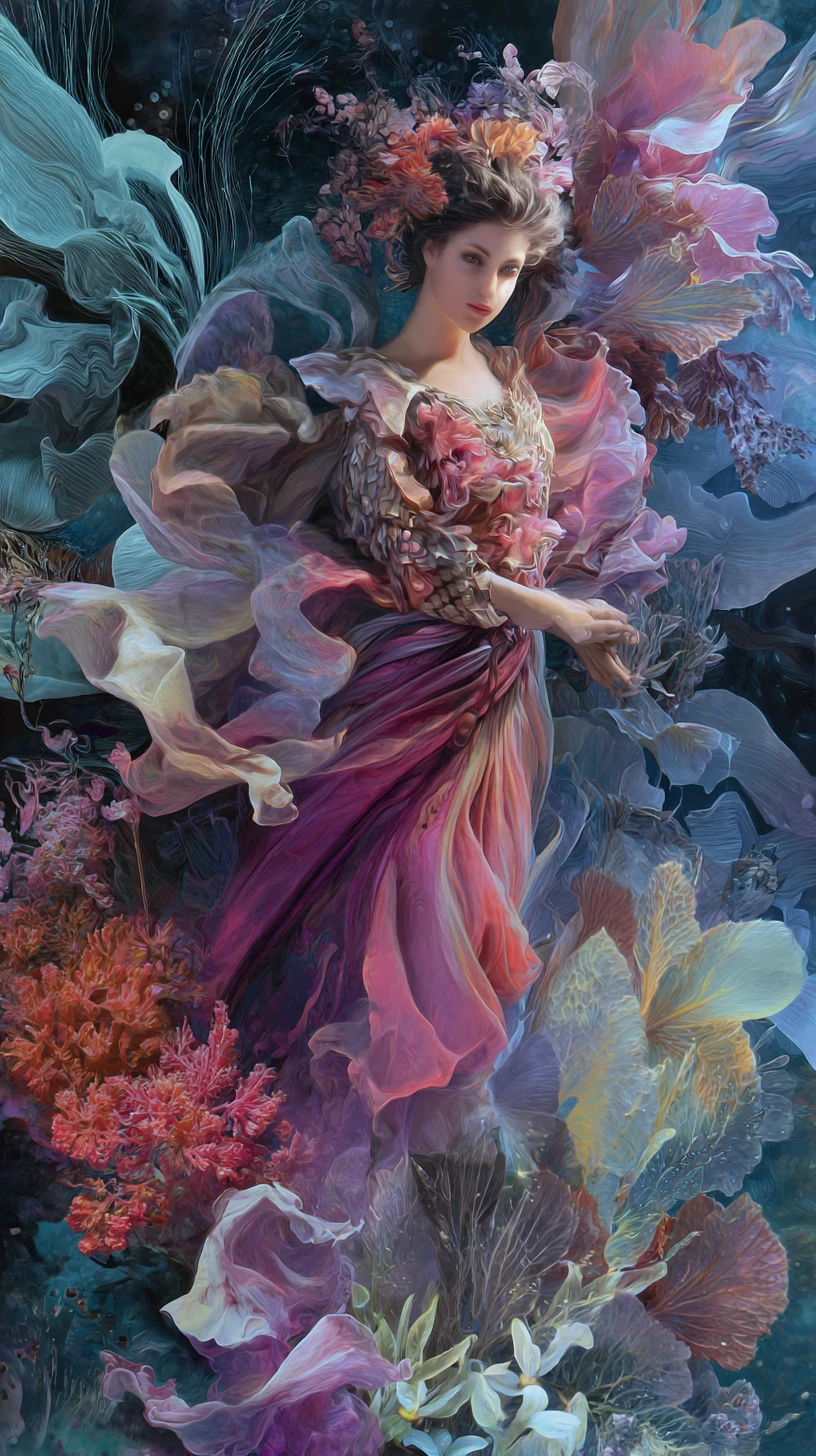 Surreal woman in flowing fabric amid dreamlike glowing forms