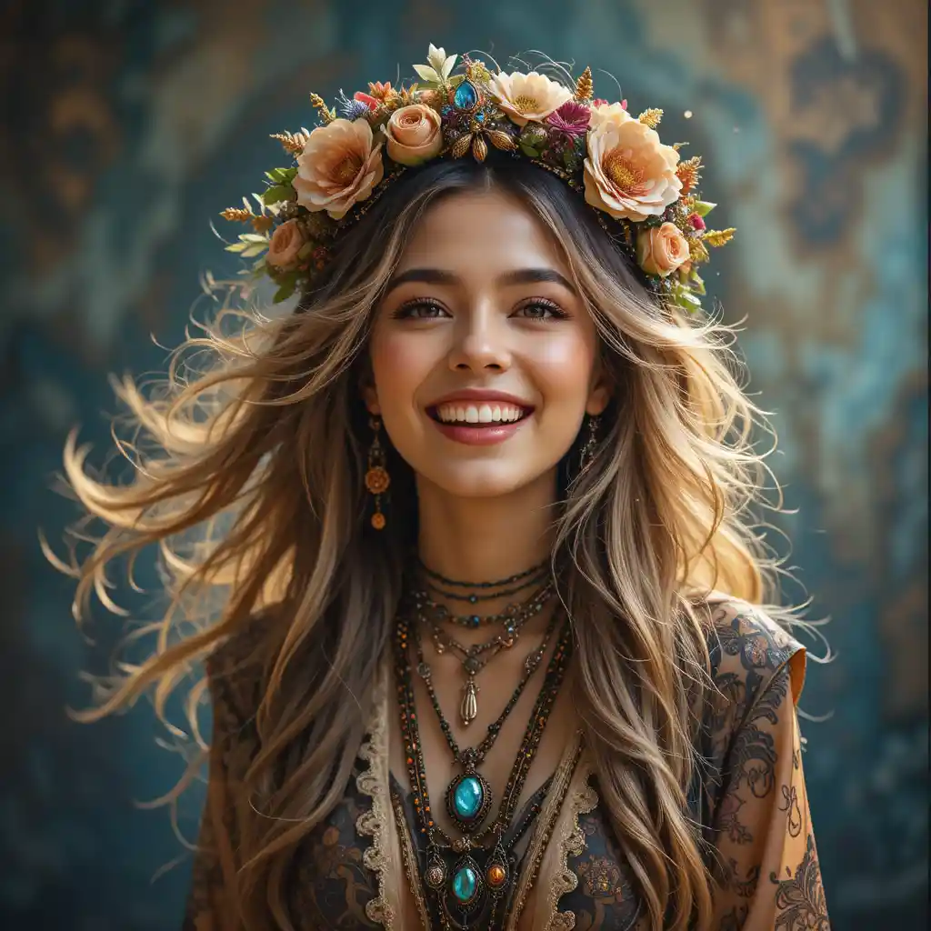 Free spirited bohemian woman with mystical artistic charm
