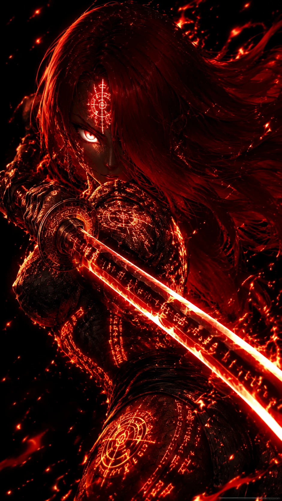 Anime warrior woman with glowing runes and katana