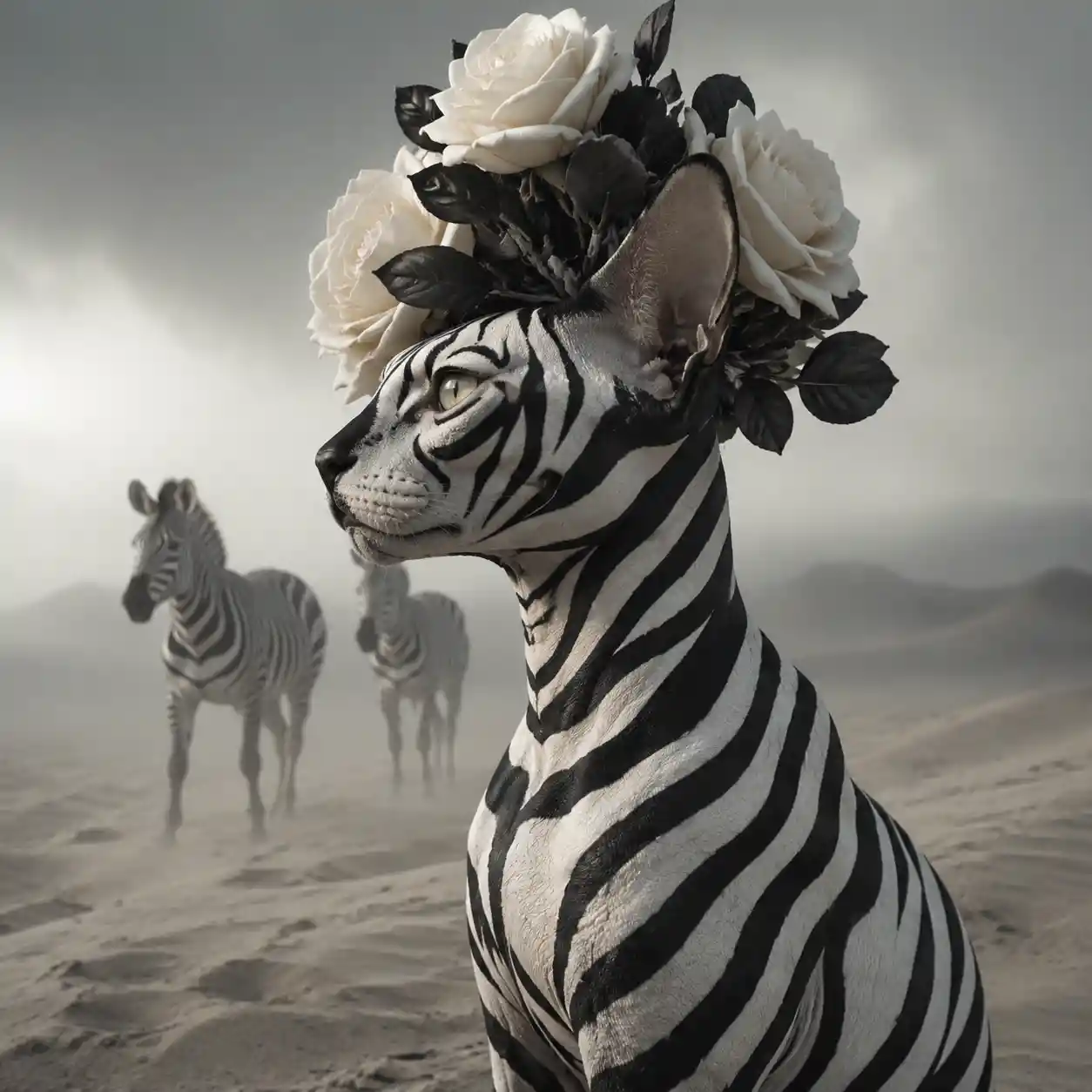 Sphynx cat in zebra body paint in misty desert profile