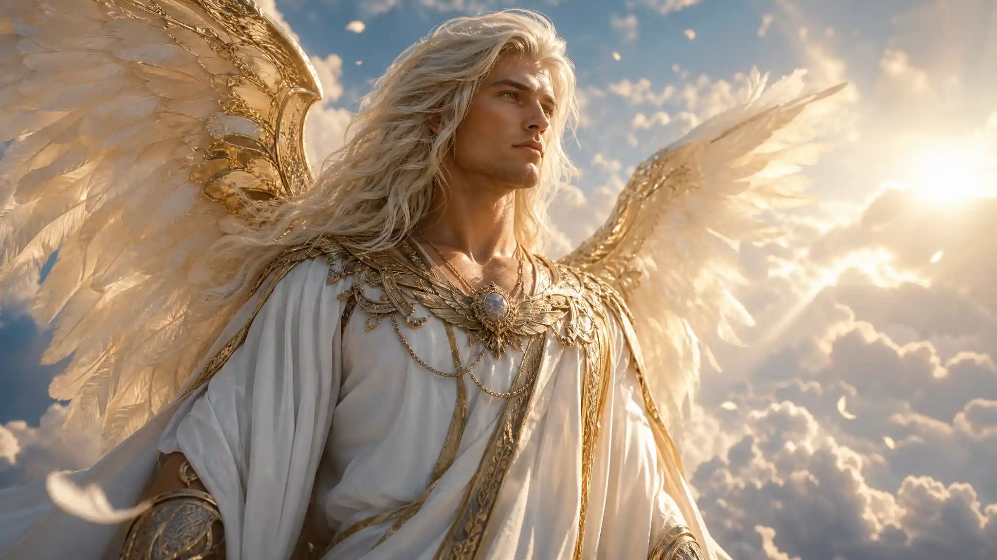 Serene male angel above glowing clouds in golden light