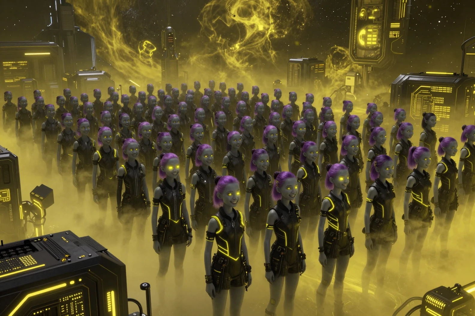 Vasta folla di ragazze adolescenti dalla pelle grigia in uniformi neon sci‑fi