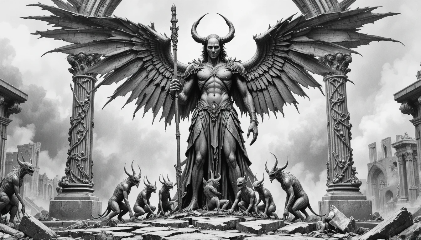 Dark fallen angel with broken wings in graphite drawing