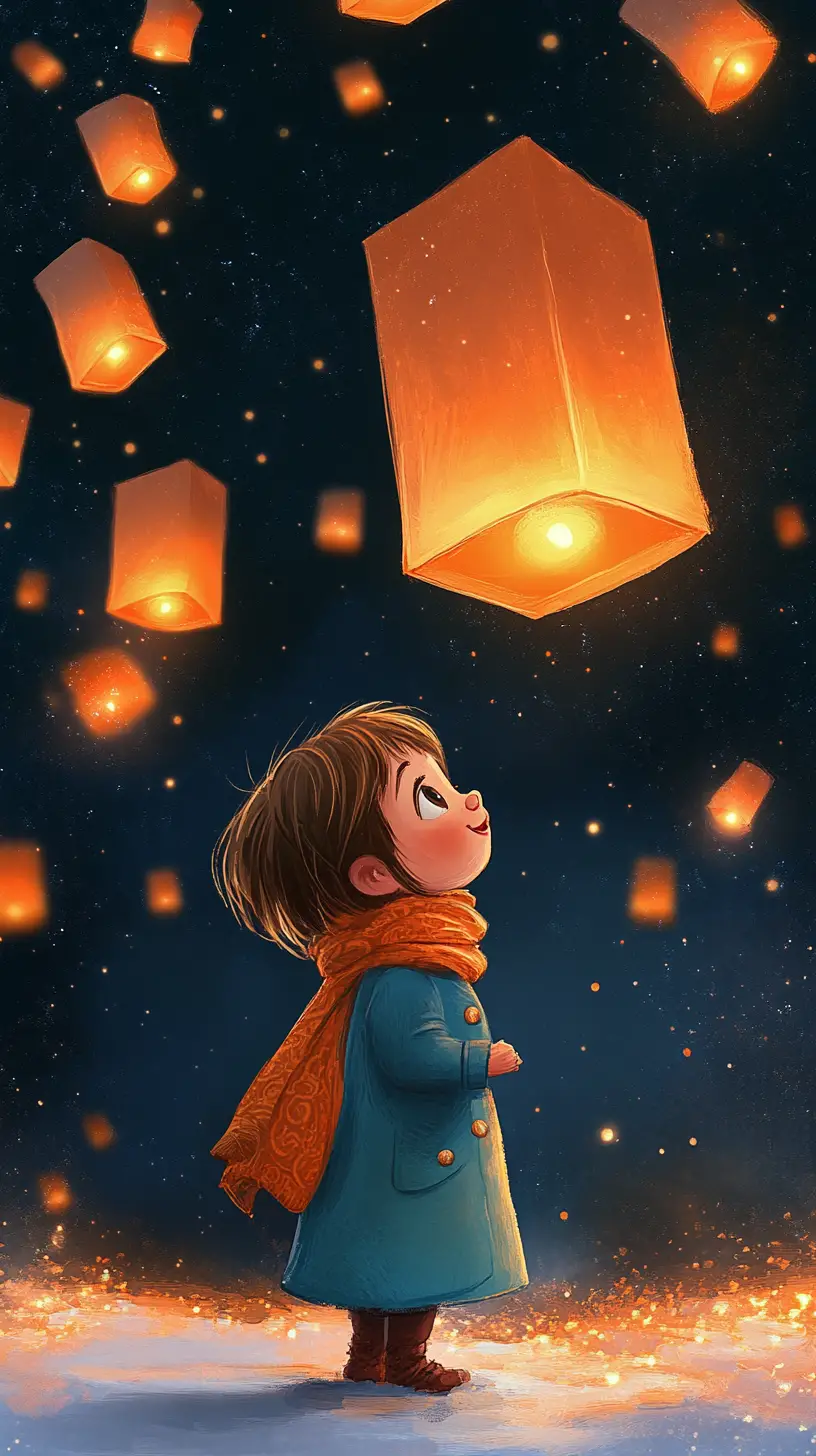 Child Watching Floating Lanterns In A Dreamy Night Sky
