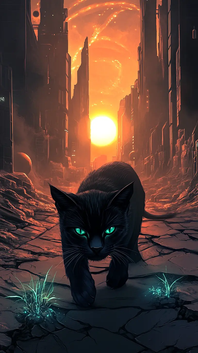 Alien black cat prowling through a desolate sci fi city