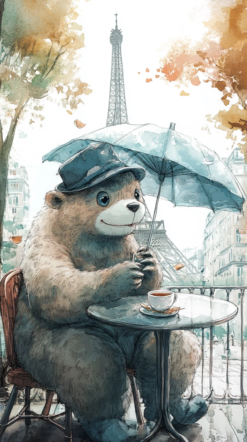 Gentle furry monster sipping tea at a Paris cafe
