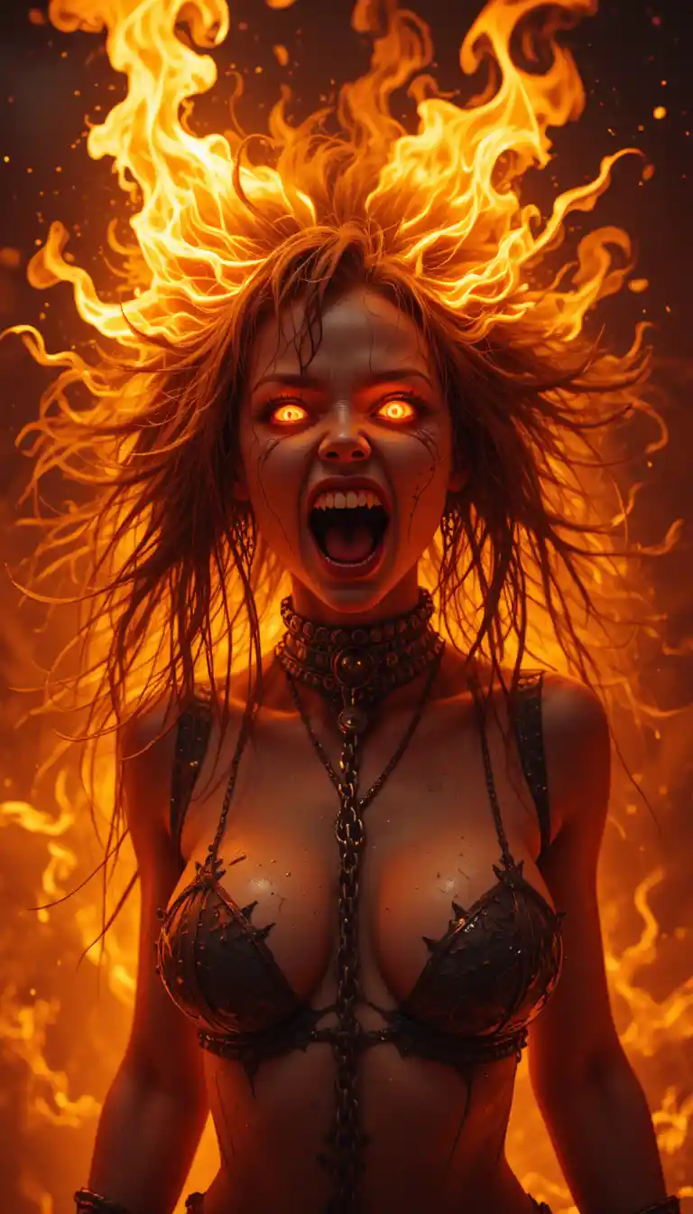 Demonic woman with fiery hair and glowing yellow eyes