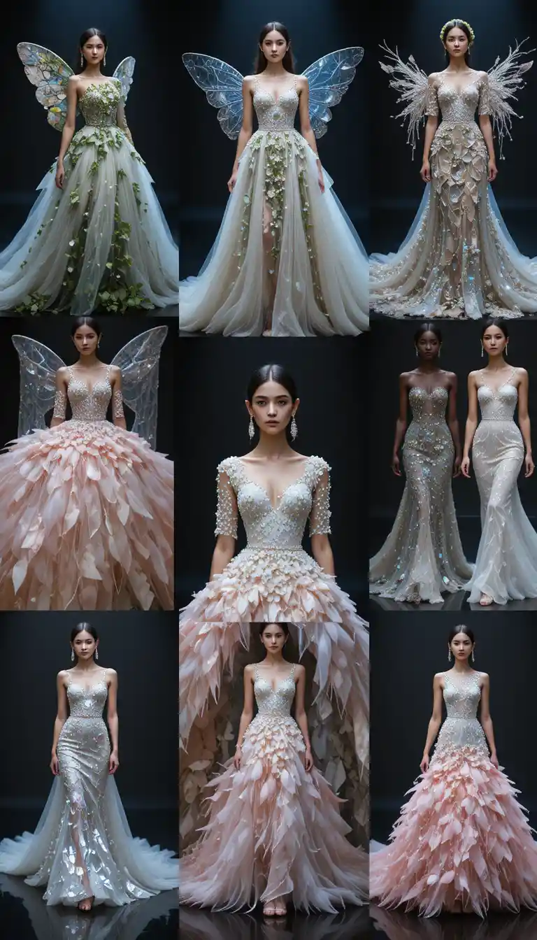 Collage Of Avant Garde Wedding Dresses On Dark Runway