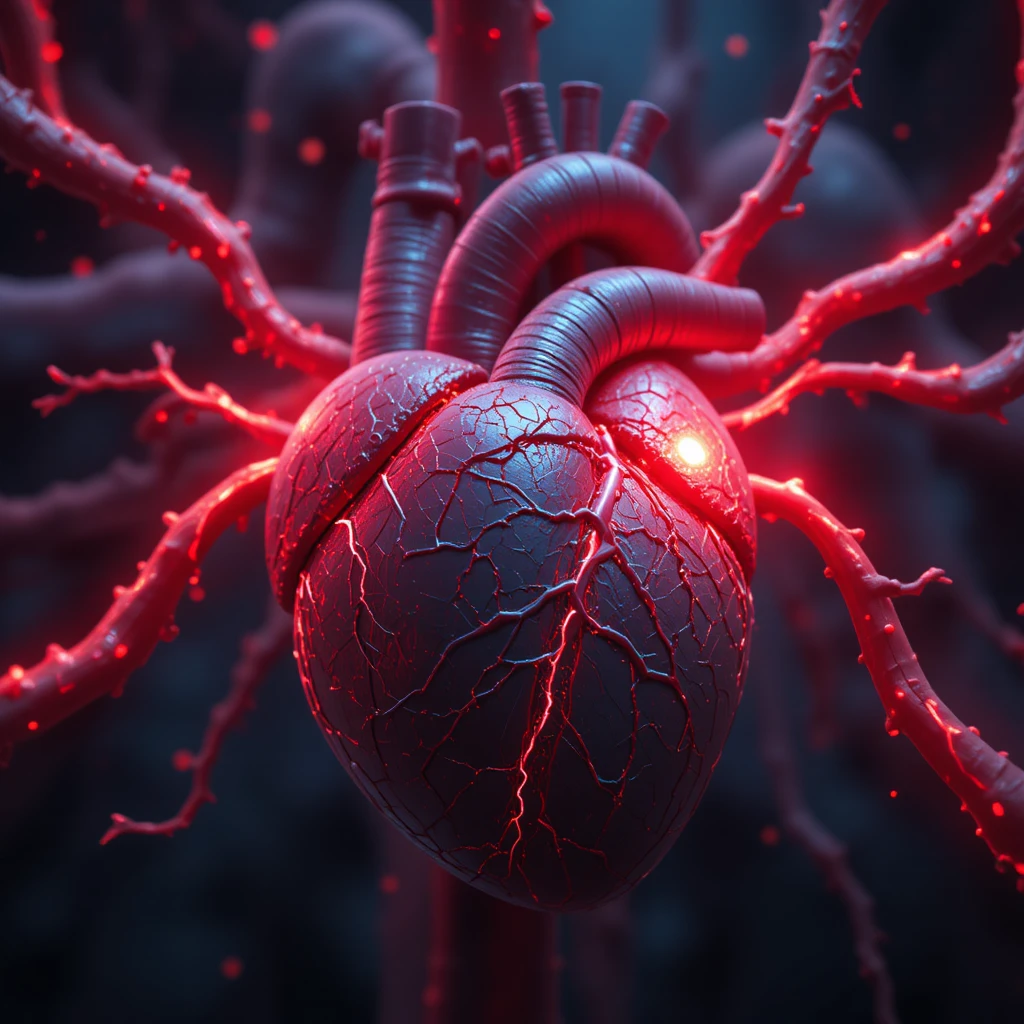 Close up 3D heart with glowing arteries and veins