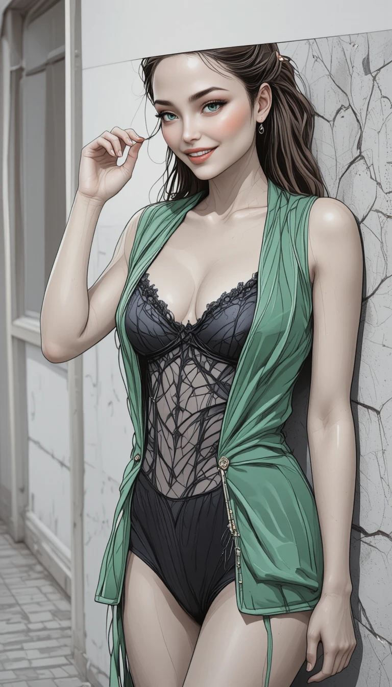 거친 벽을 배경으로 포즈를 취한 초록 재킷의 갈색 머리 여성