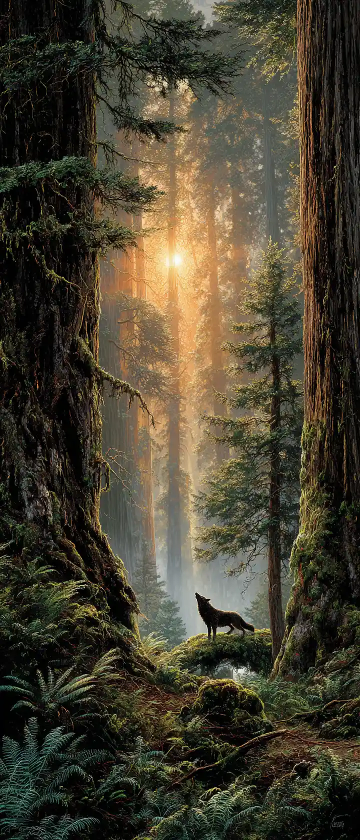 Lone wolf howling in a sunlit ancient redwood forest
