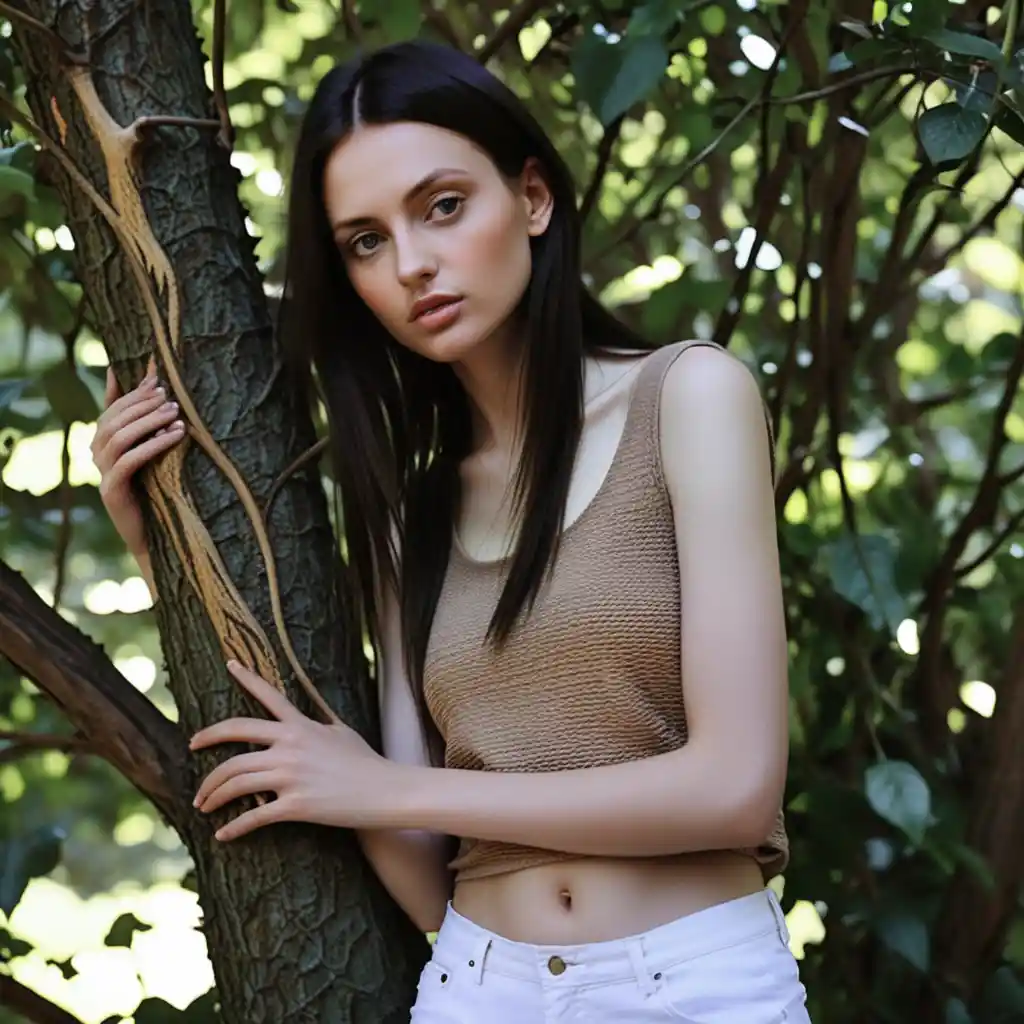 Young woman leaning on tree branch in quiet forest