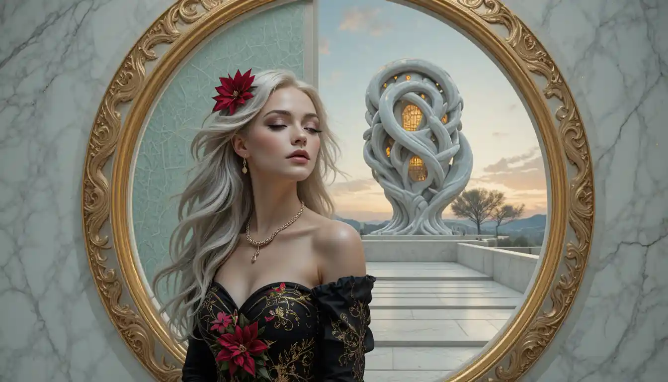 Glamorous woman in ornate oval frame on marble background