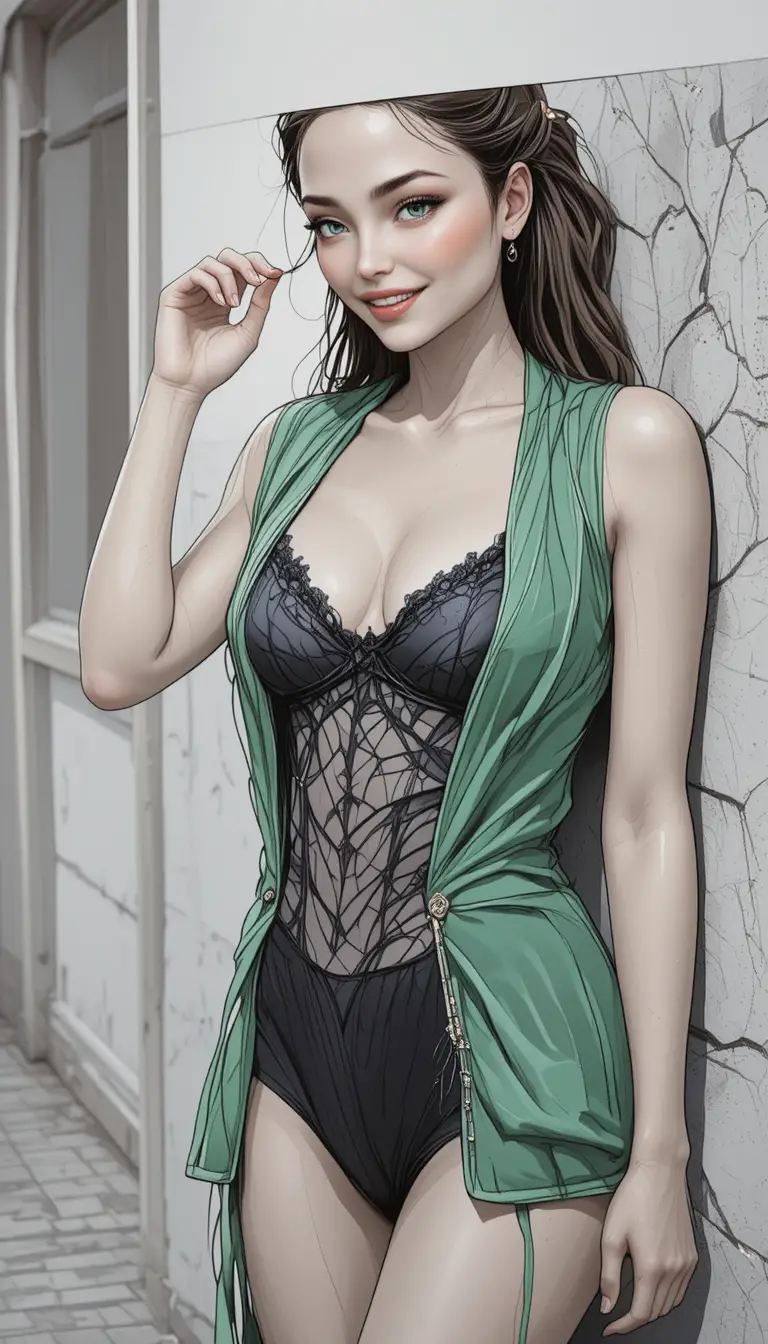 Brunette woman in green jacket posing against rough wall
