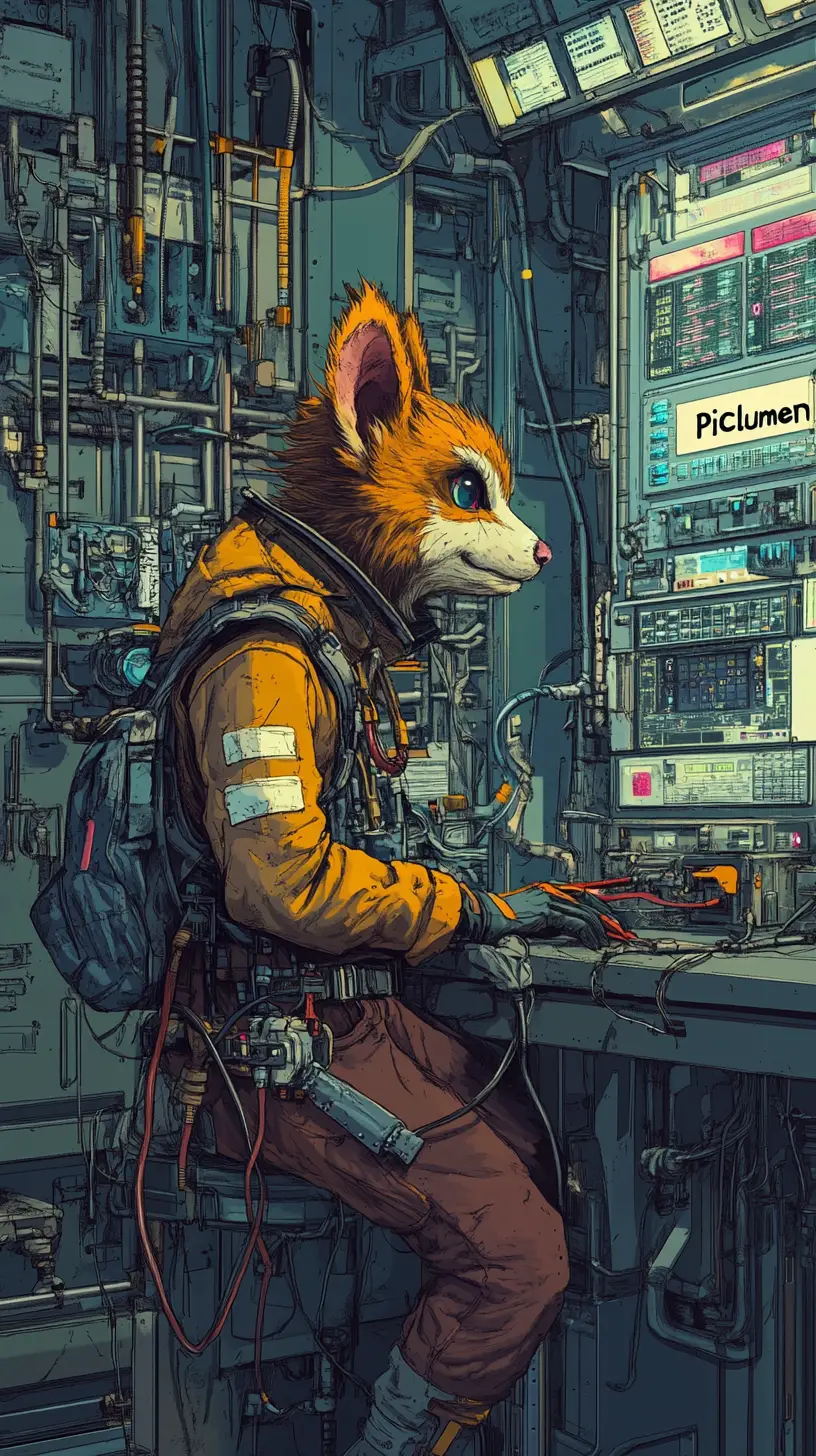 Cartoon monkey mechanic fixing cables in a retro workshop