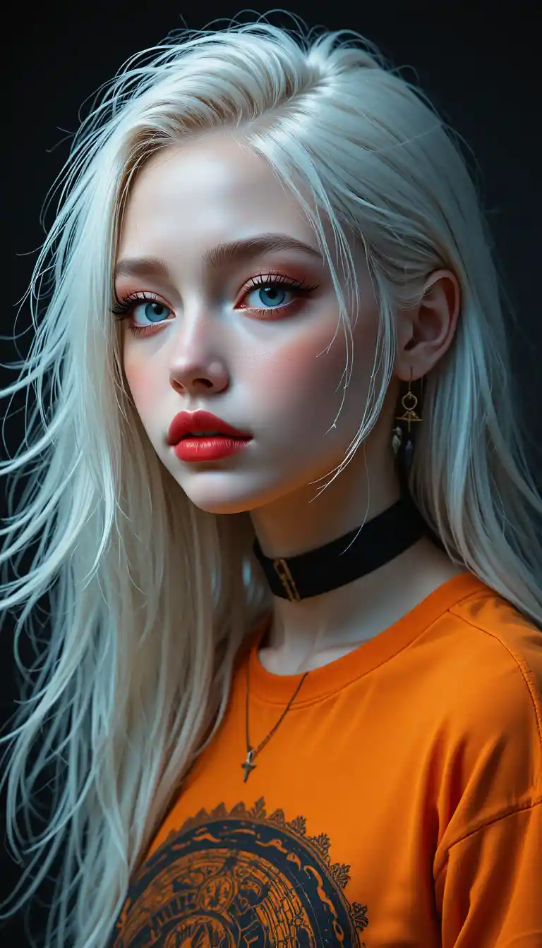 Dreamy girl portrait with white hair and dark backdrop