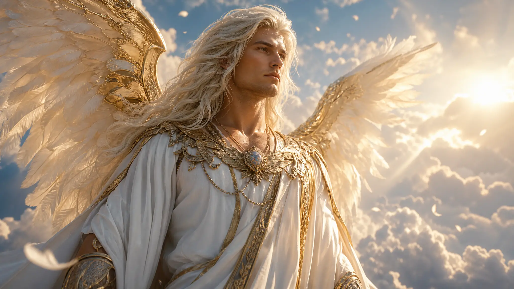 Serene male angel above glowing clouds in golden light
