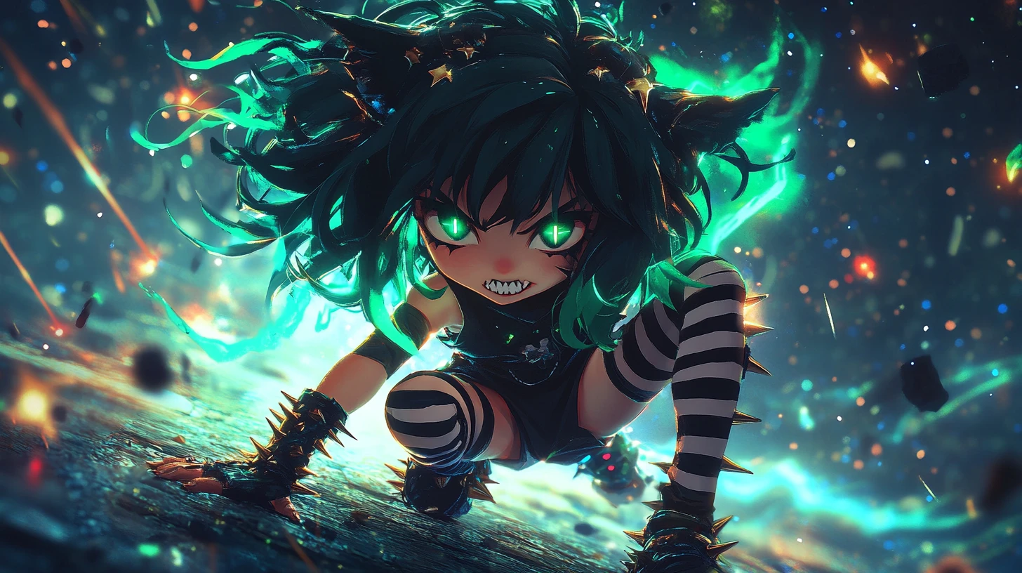 Chibi demon girl in a neon cosmic vortex