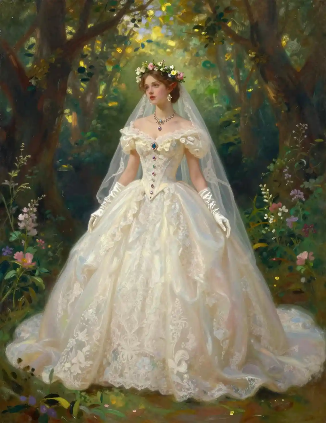 Elven bride in a sunlit forest wearing an ornate gown