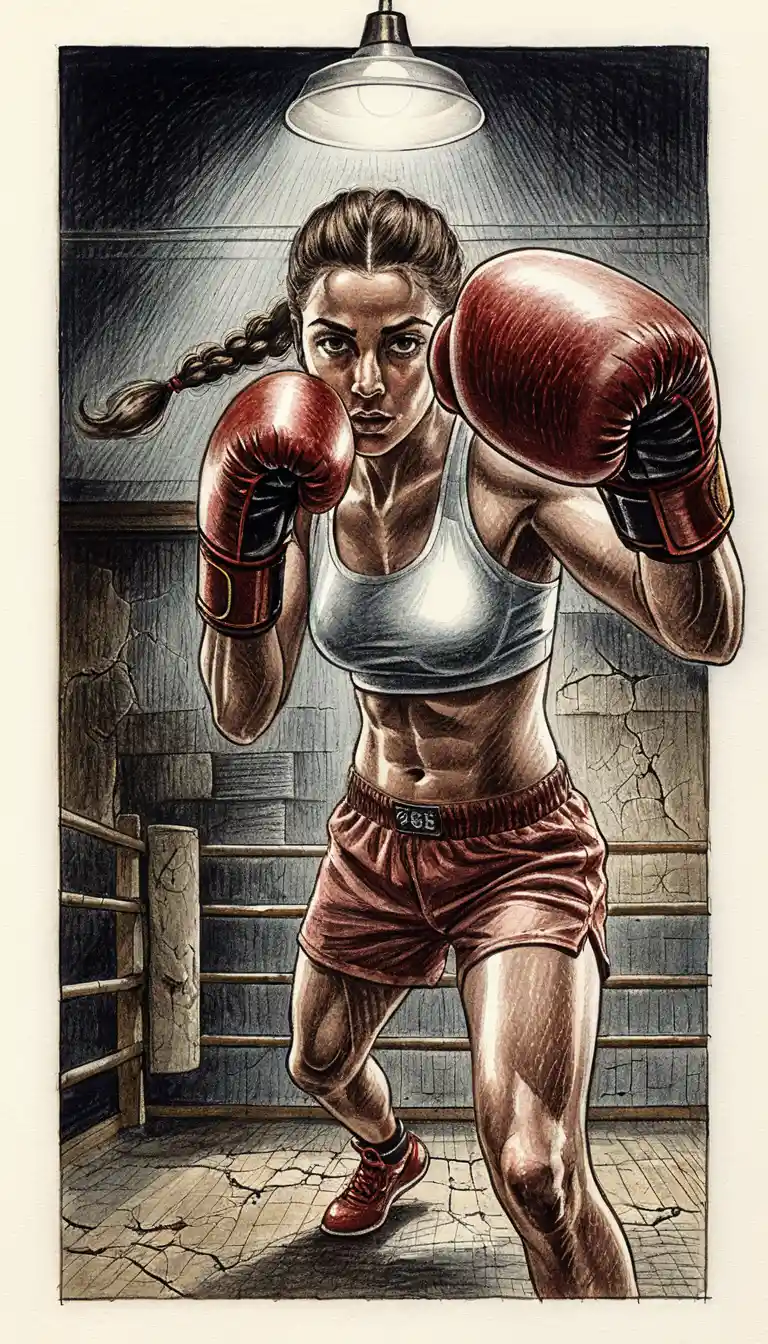 Athletic female boxer in guard stance on the ring