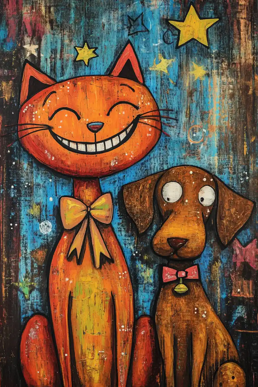 Whimsical orange cat and dog in a starry fantasy painting