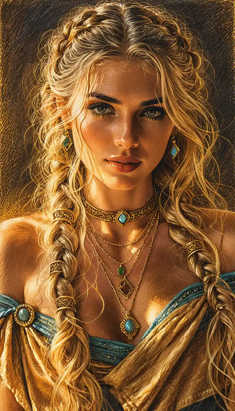 Blonde braided girl portrait in warm chiaroscuro lighting