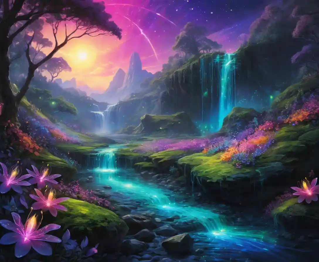 Bioluminescent Stream In A Luminous Fantasy Meadow