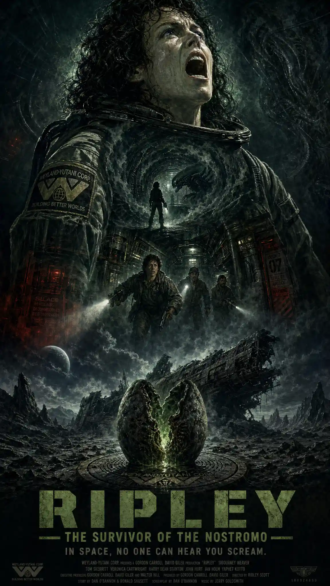 Ripley screaming in dark sci fi double exposure poster