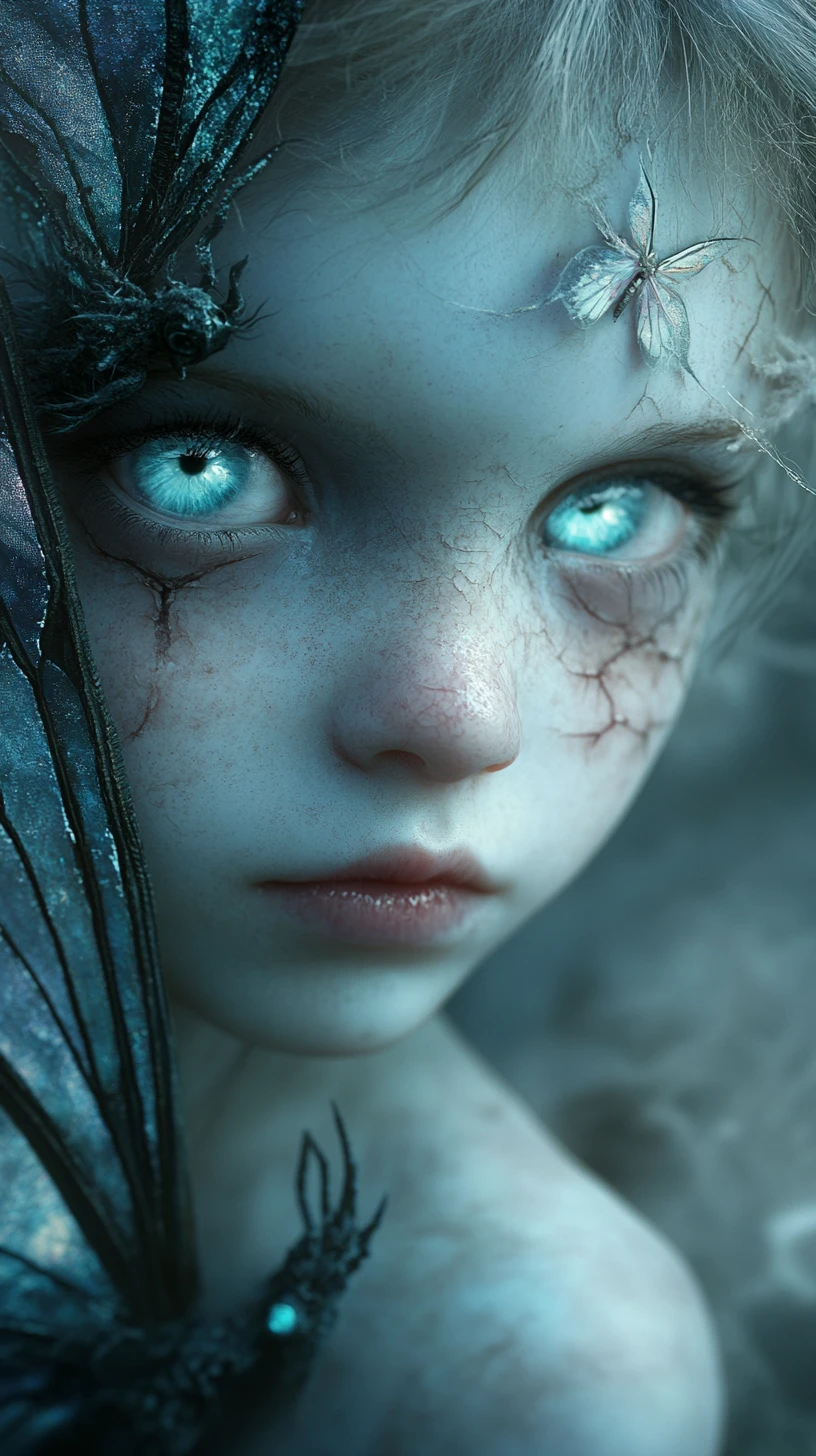 Eerie Fairy Child With Cracked Porcelain Skin In Fog