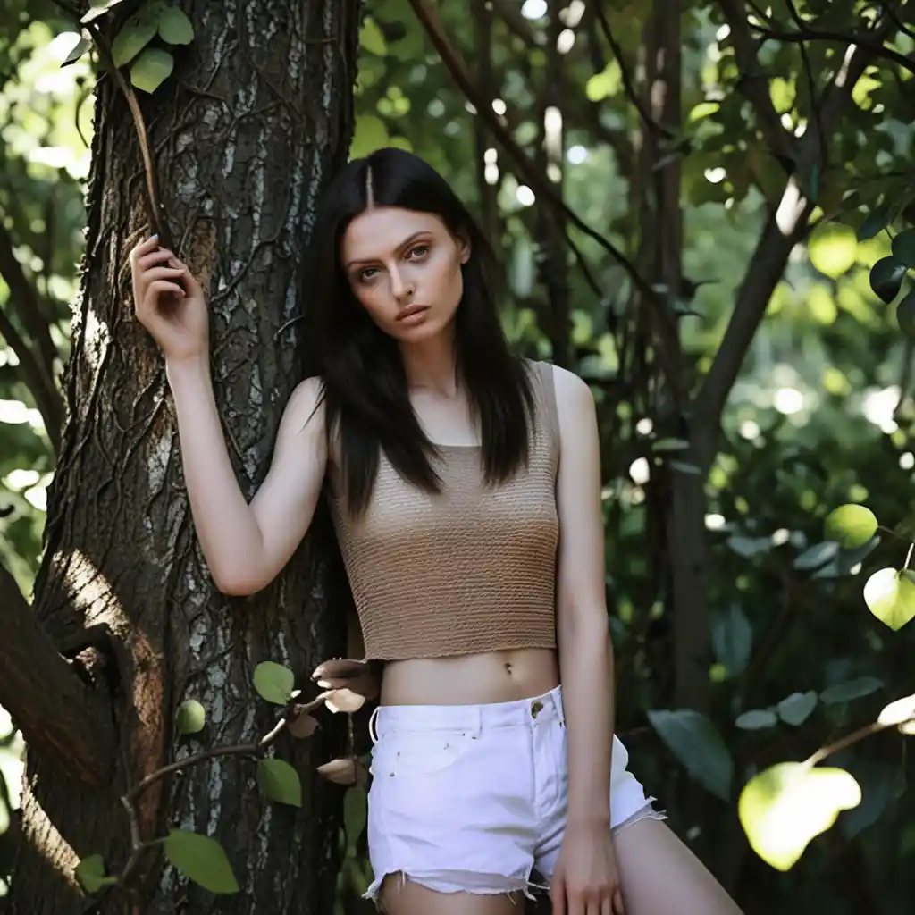 Young woman leaning against a tree in forest fashion
