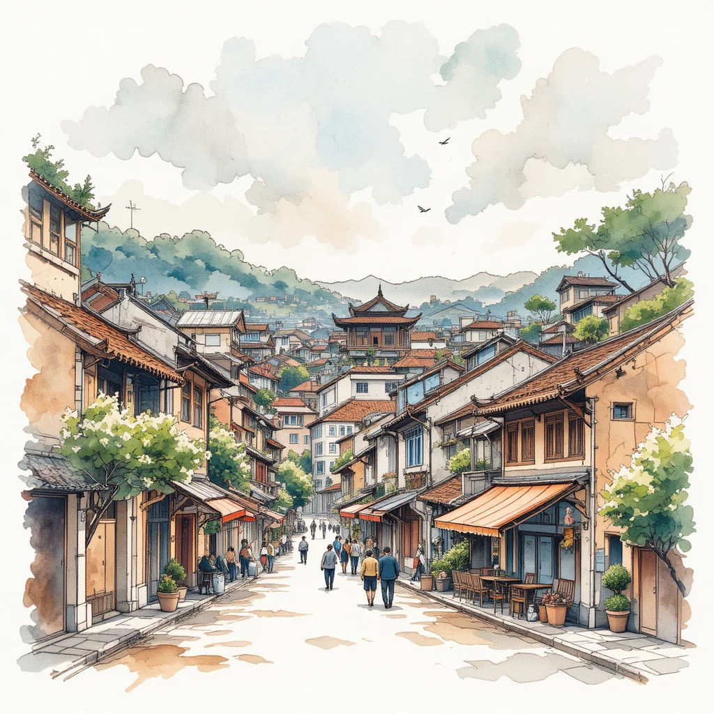 Vietnamese woman on city balcony in pen and watercolor