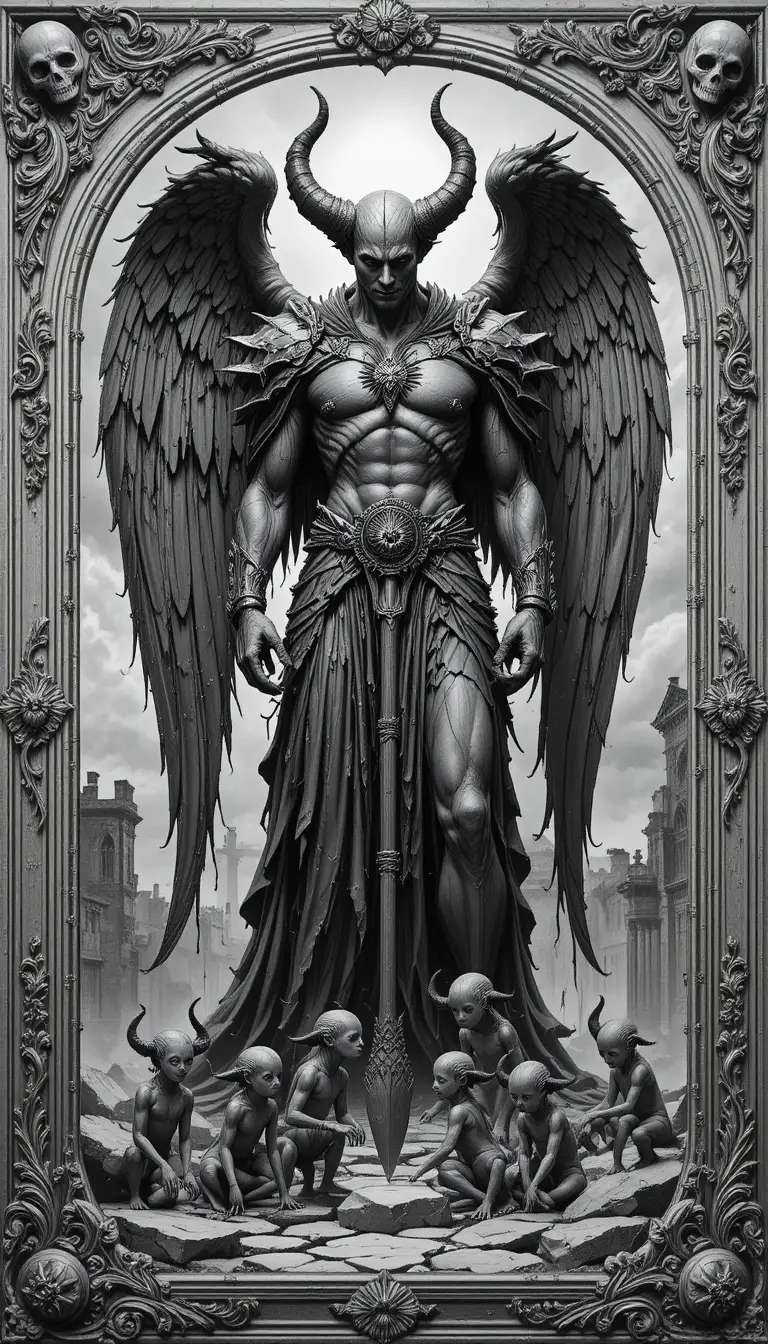 Brooding fallen angel with broken wings in graphite drawing