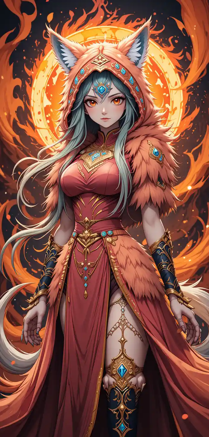 Anime fox warrior woman with flaming ritual markings