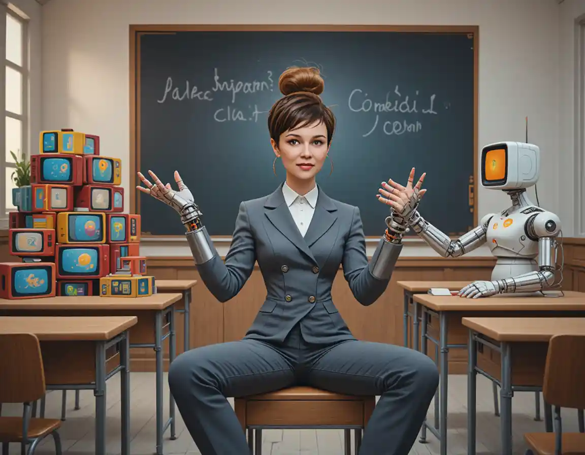 Confused young teacher in suit with robots in classroom