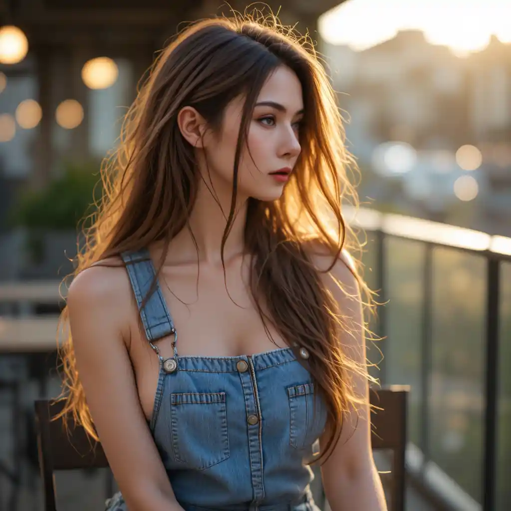 Young woman in profile at a sunlit outdoor cafe