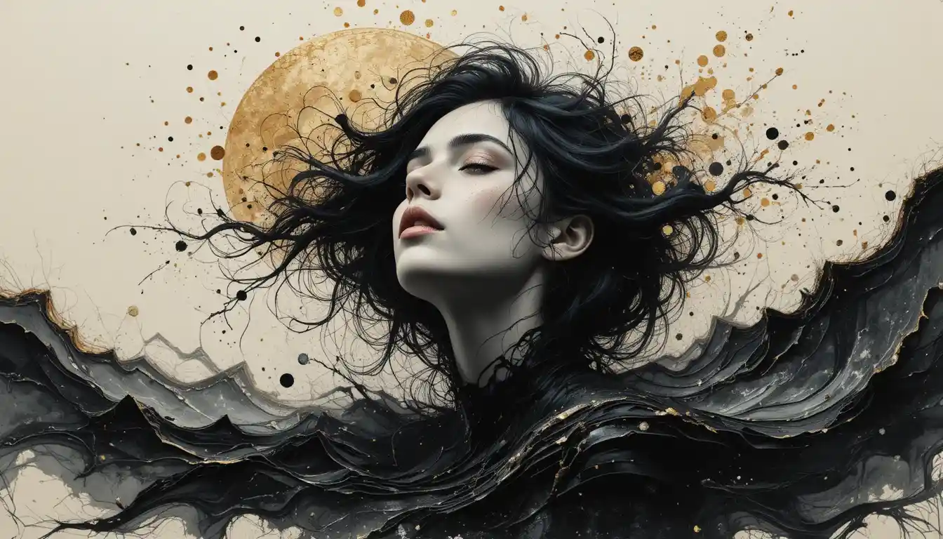 Woman lost in a surreal dreamscape of shimmering energy