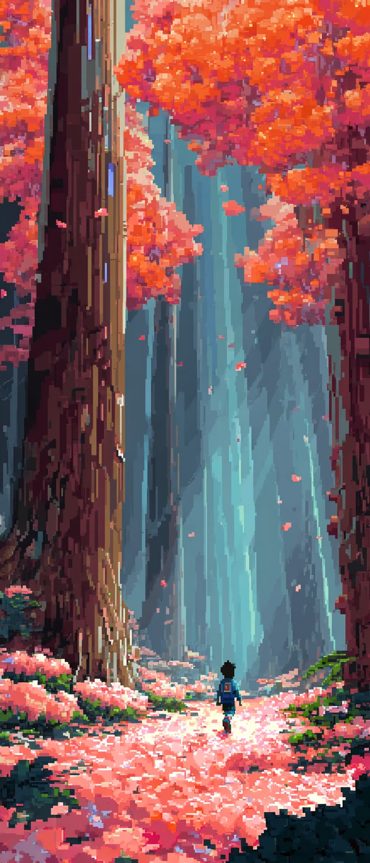 Anime boy running through a glowing pixelated binary forest
