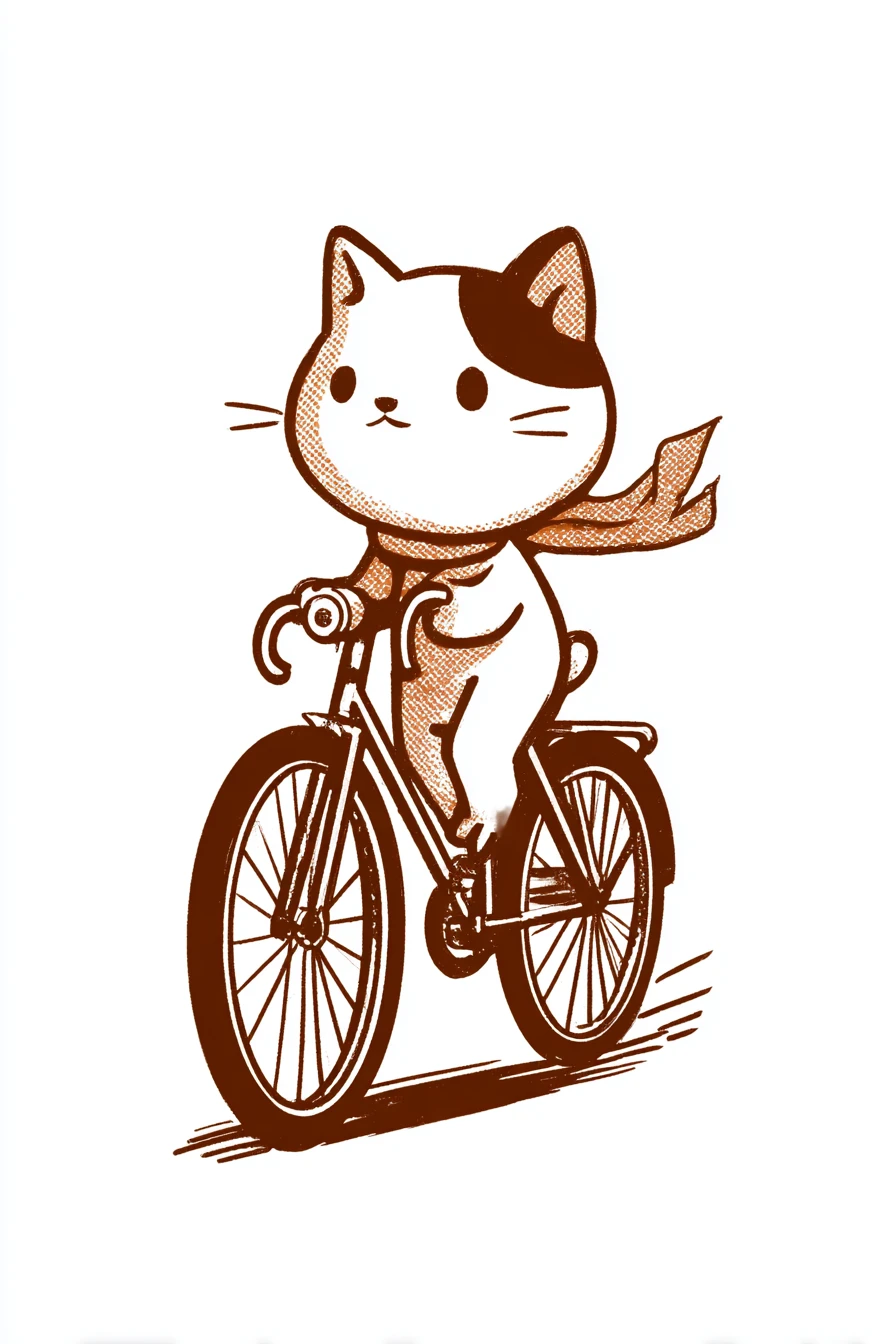 Calico cartoon cat riding a bicycle in vintage print style