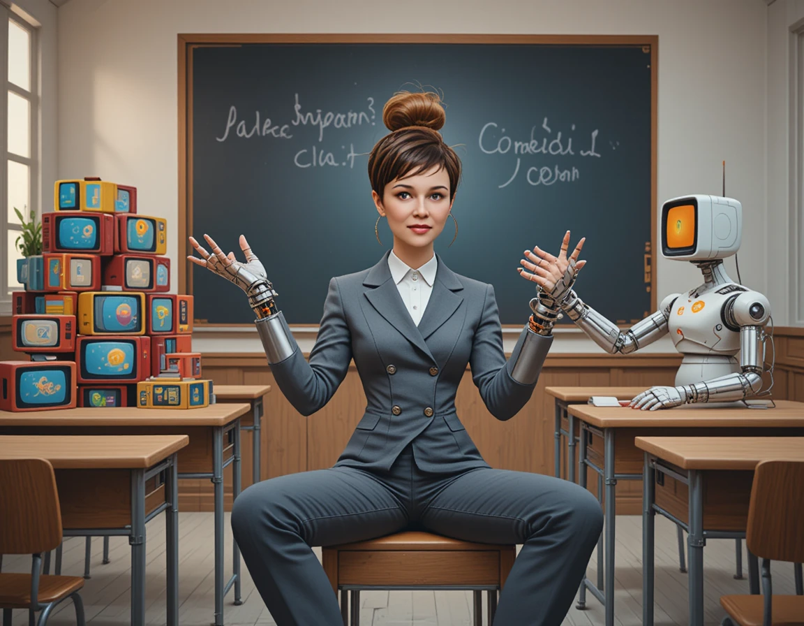 Confused young teacher in suit with robots in classroom