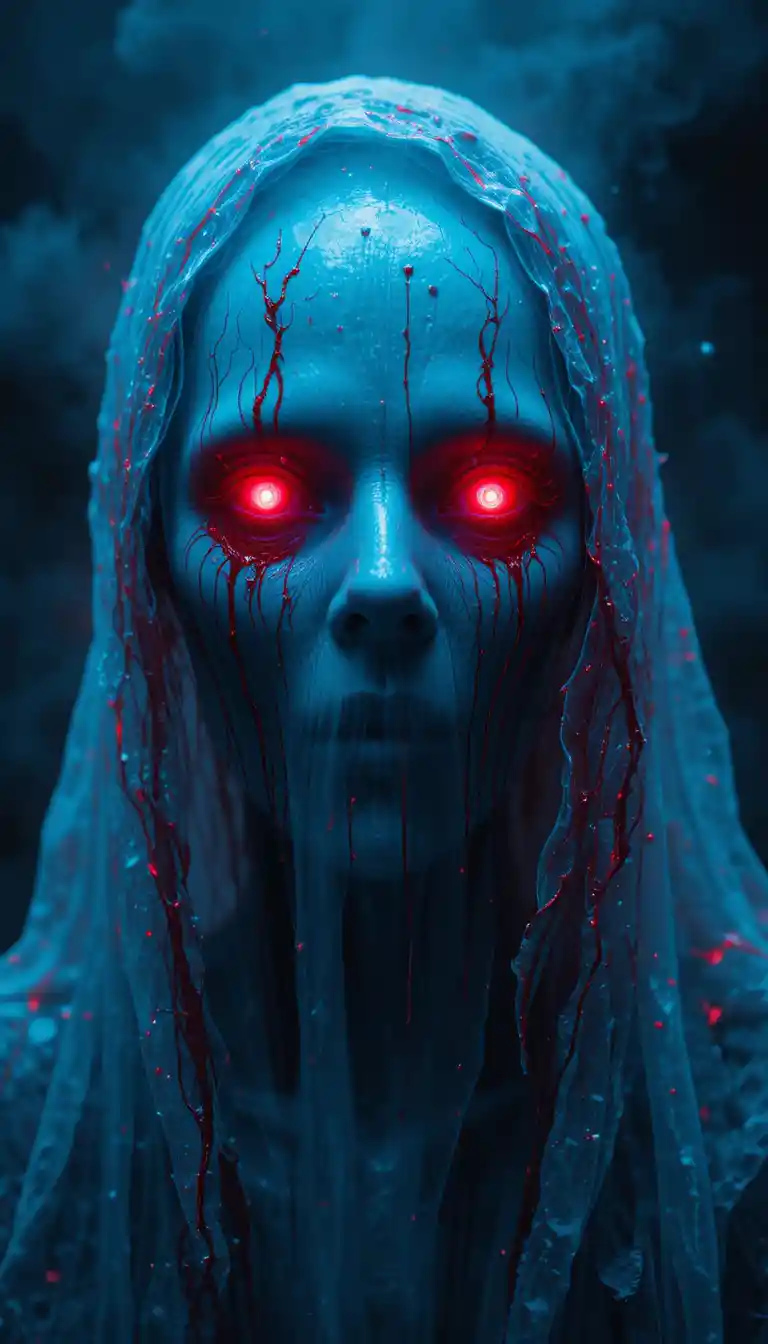 Ghostly faceless figure with glowing red eyes in smoke