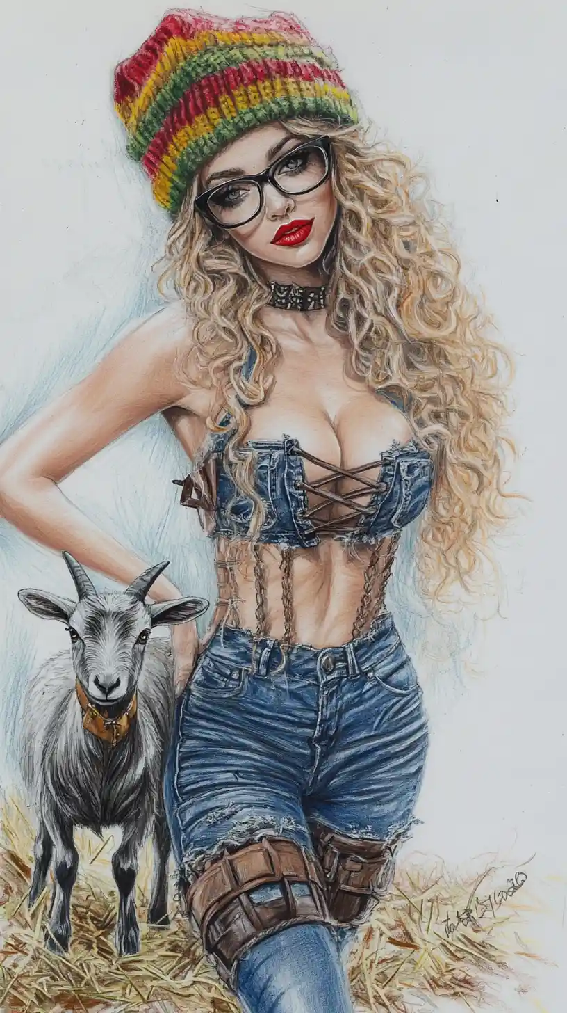 Curvy blonde pin up woman with goat in colored pencil art