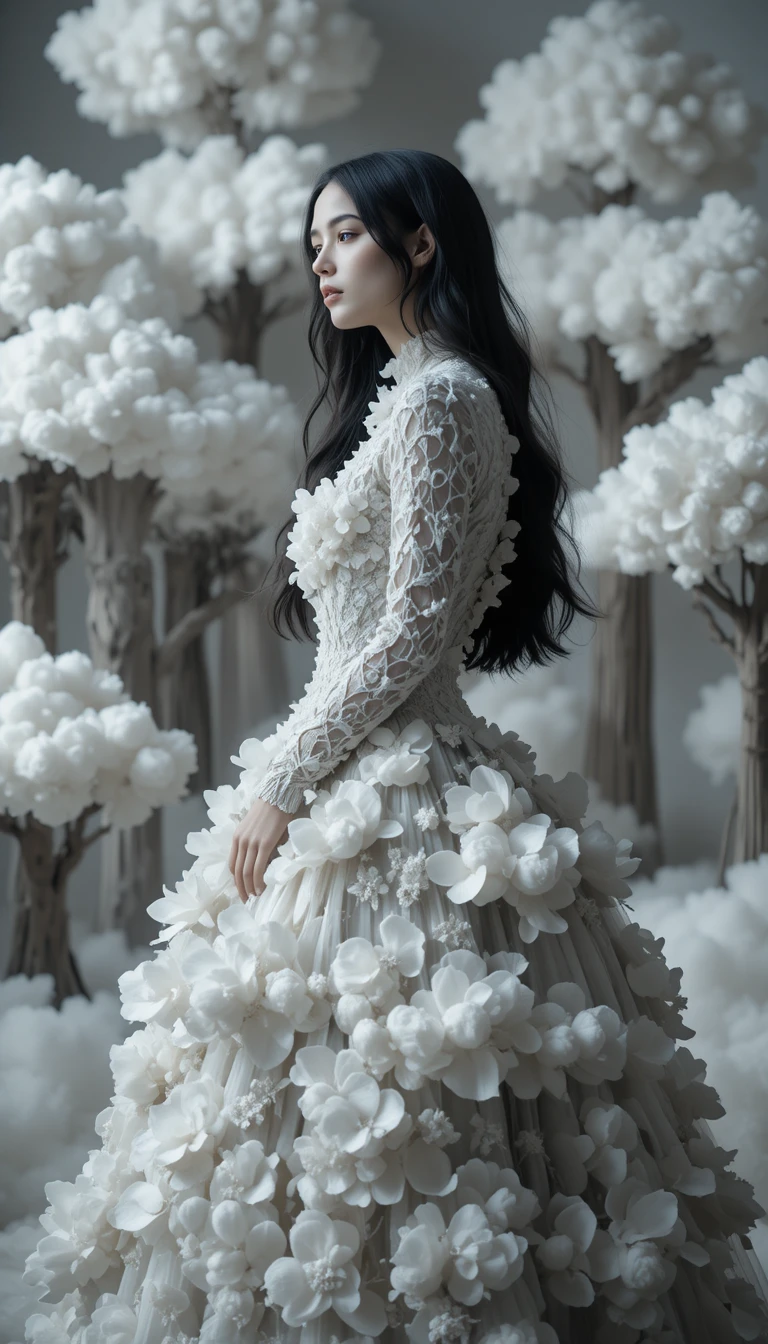 Ethereal fashion portrait of a woman in a cloudlike dress