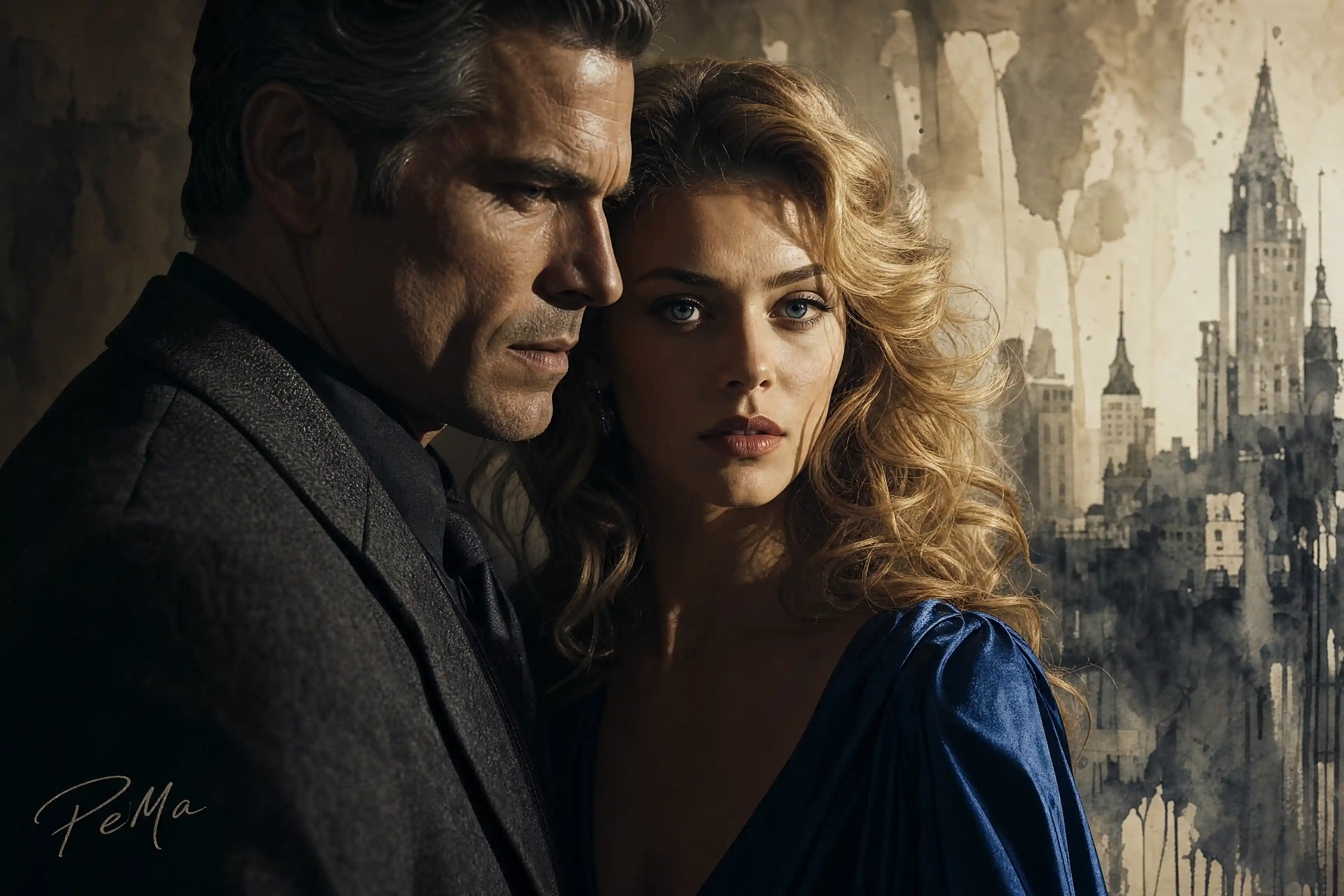 Tense close up of man and woman in dramatic light
