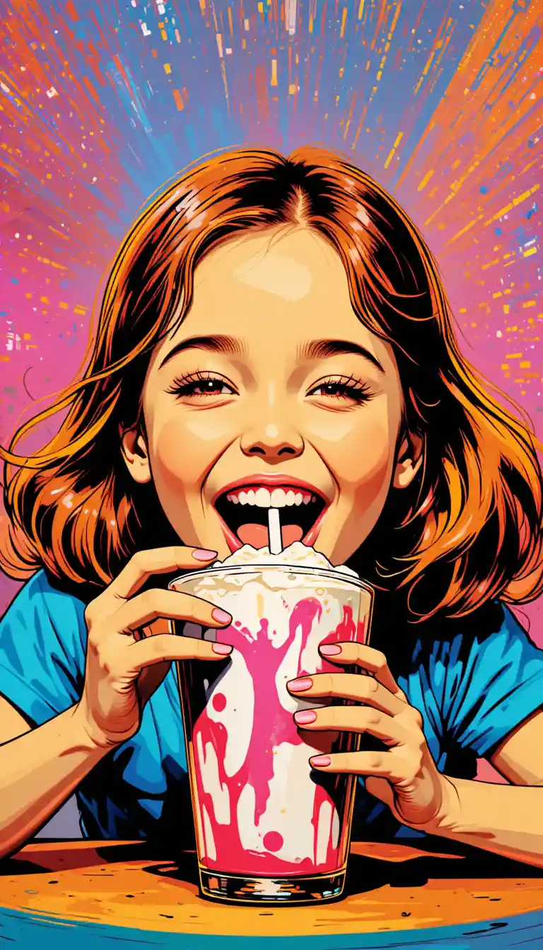 Joyful girl devouring a milkshake in bold pop art style