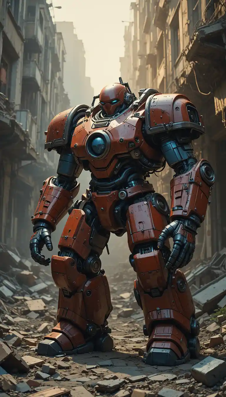 Futuristic combat robot in a ruined city battlefield