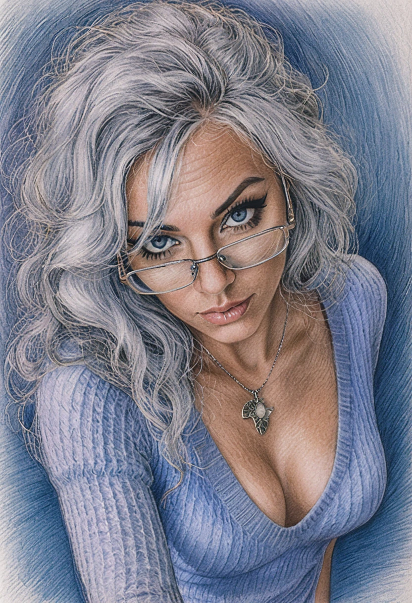 Woman with silver hair and glasses in pencil portrait