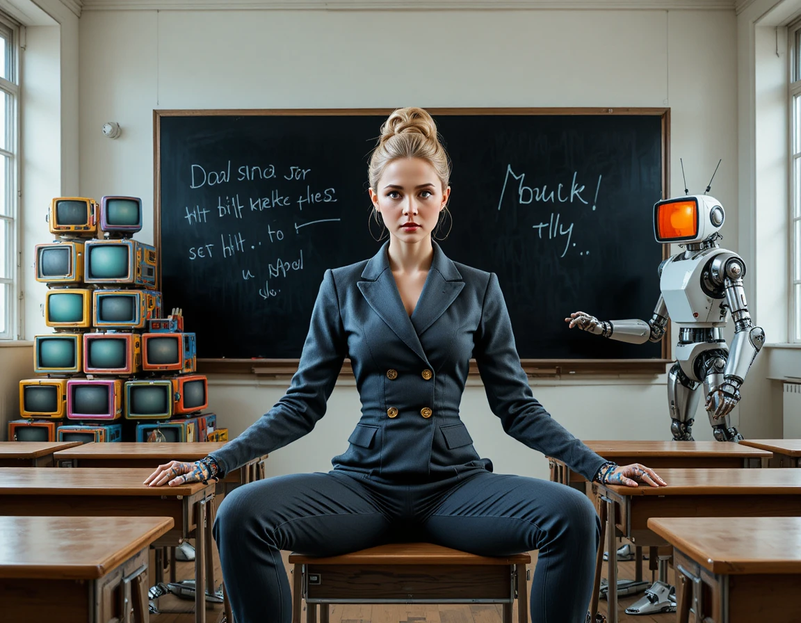 Confused teacher with robots in a surreal classroom