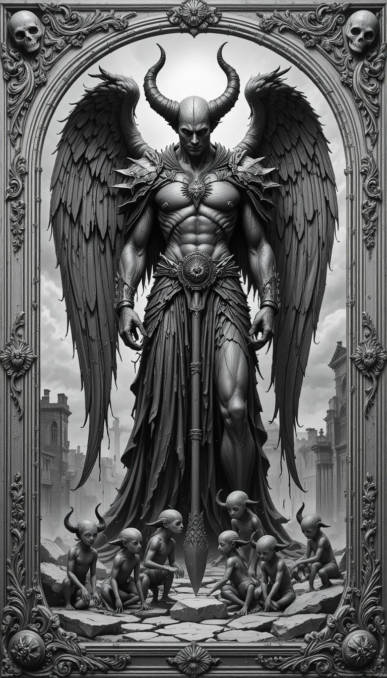 Brooding fallen angel with broken wings in graphite drawing
