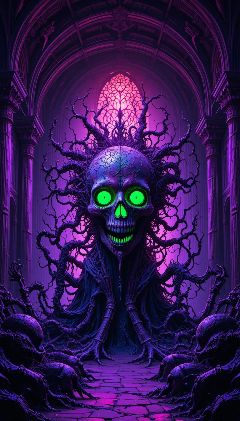 Glowing green skull amid gothic arches and twisted forms